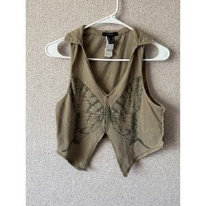 FOREVER 21 Womens Olive Green Butterfly Graphic Cropped‎ Vest Size M